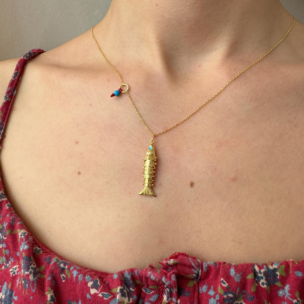 Little Gold Fish with Blue Eyes Necklace, 3D Fish Charm, 925 Sterling Silver Pisces Charm, Articulated Fish Necklace, Gift for Fish Lover