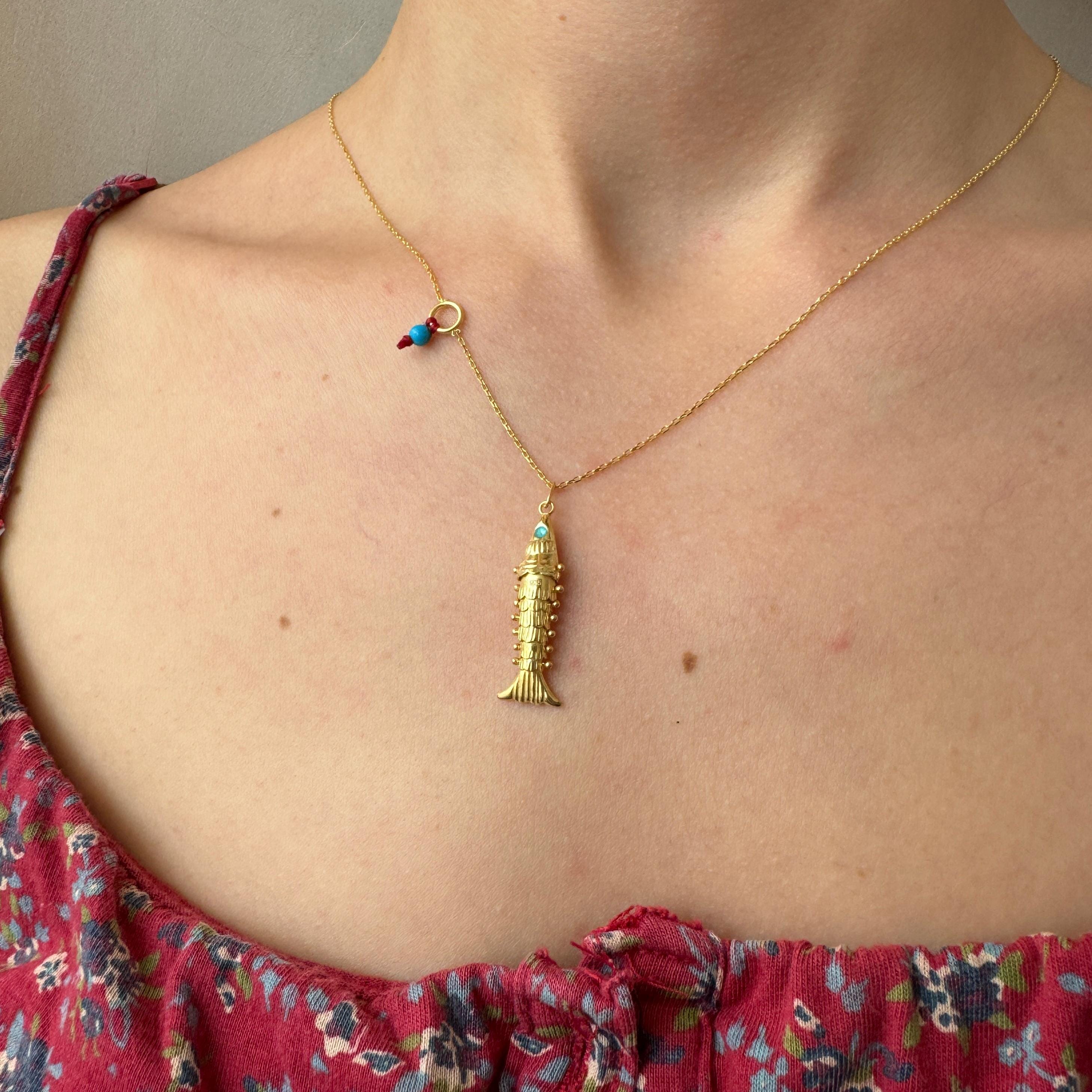 Little Gold Fish with Blue Eyes Necklace, 3D Fish Charm, 925 Sterling Silver Pisces Charm, Articulated Fish Necklace, Gift for Fish Lover
