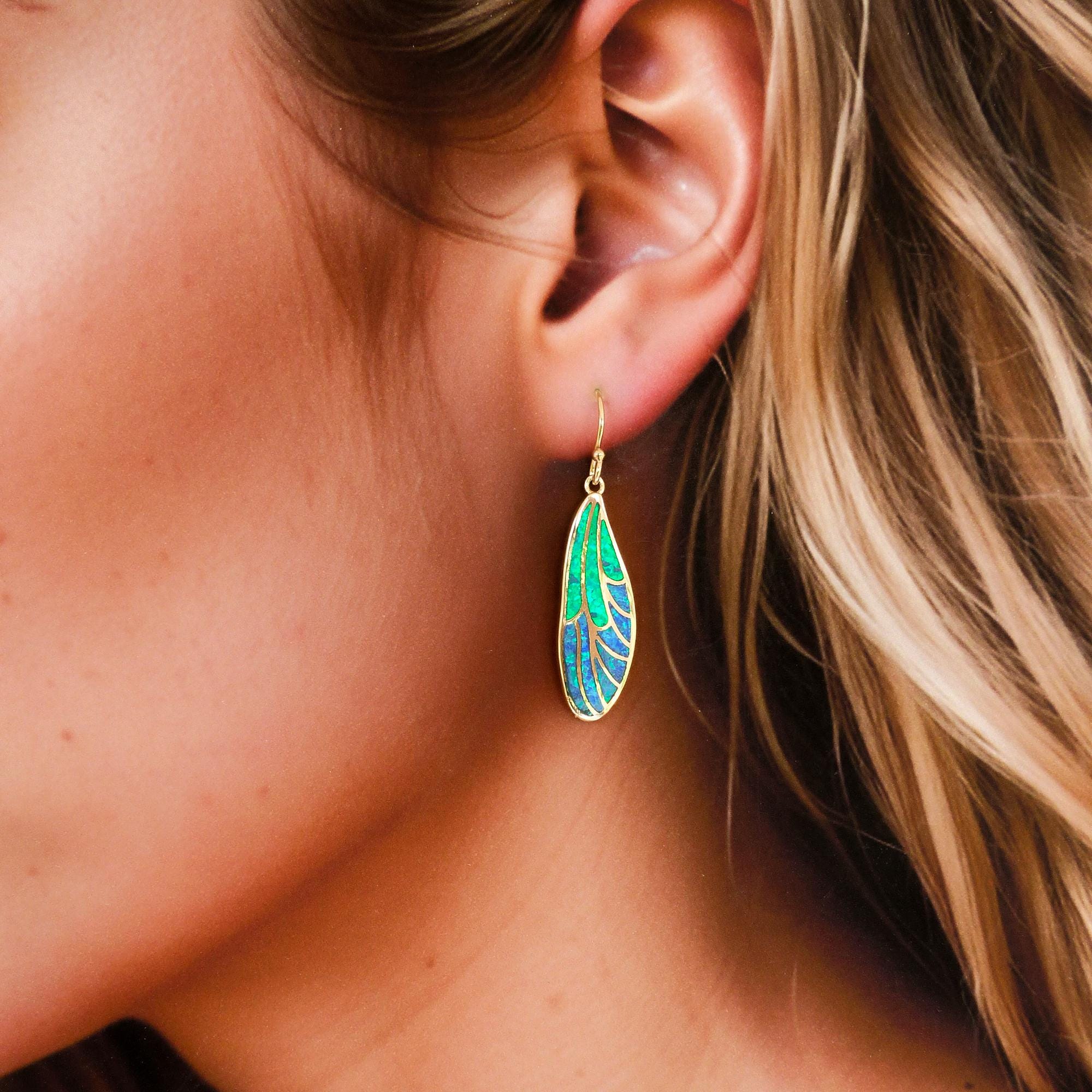 Opal dragonfly wing earrings, green blue opal earrings dangle, dangle earrings, dangle and drop earrings, gold earrings, gift for her