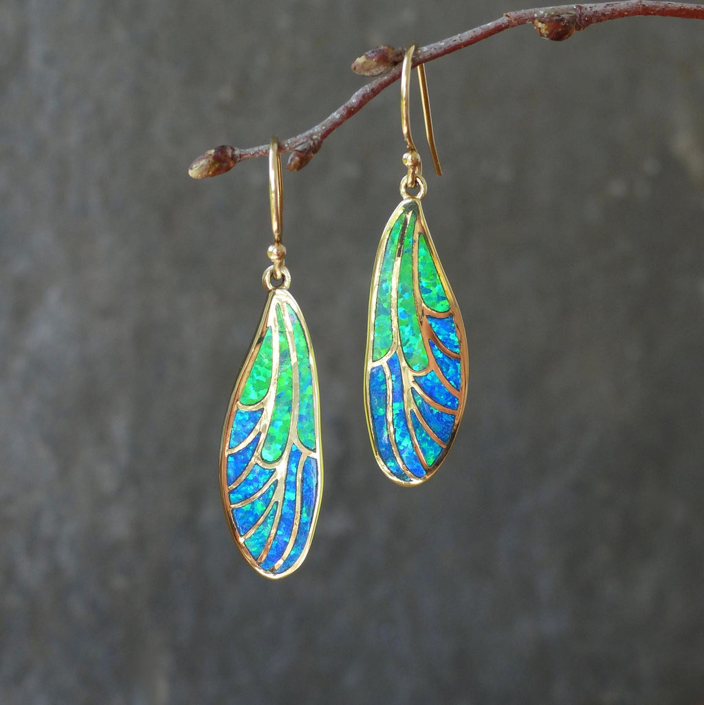 Opal dragonfly wing earrings, green blue opal earrings dangle, dangle earrings, dangle and drop earrings, gold earrings, gift for her