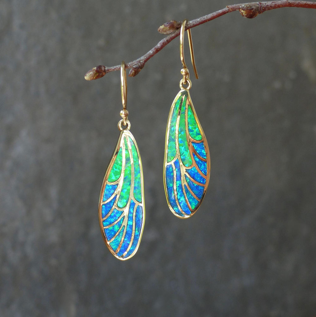 Opal dragonfly wing earrings, green blue opal earrings dangle, dangle earrings, dangle and drop earrings, gold earrings, gift for her