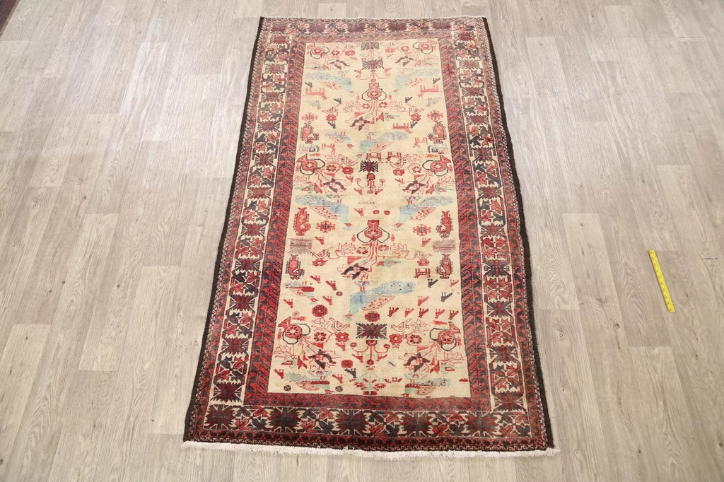 Beige Semi-Antique Geometric Traditional 4x7 Area Rug Hand-knotted Wool Carpet