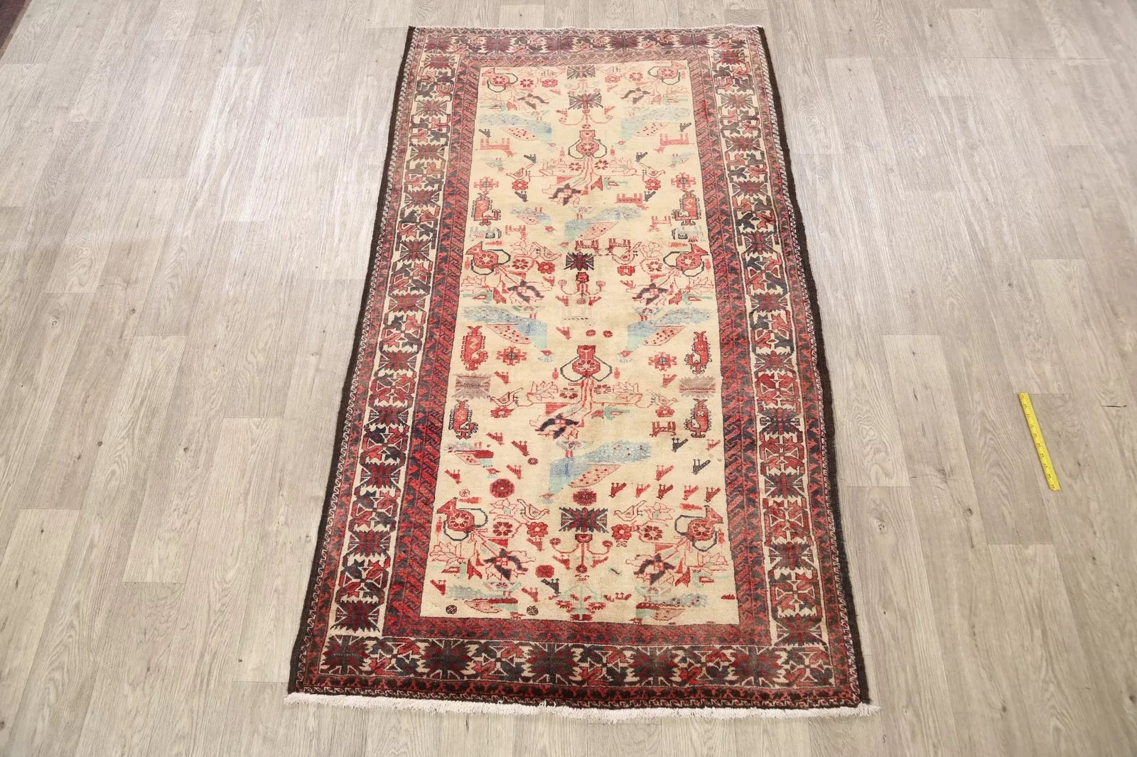 Beige Semi-Antique Geometric Traditional 4x7 Area Rug Hand-knotted Wool Carpet