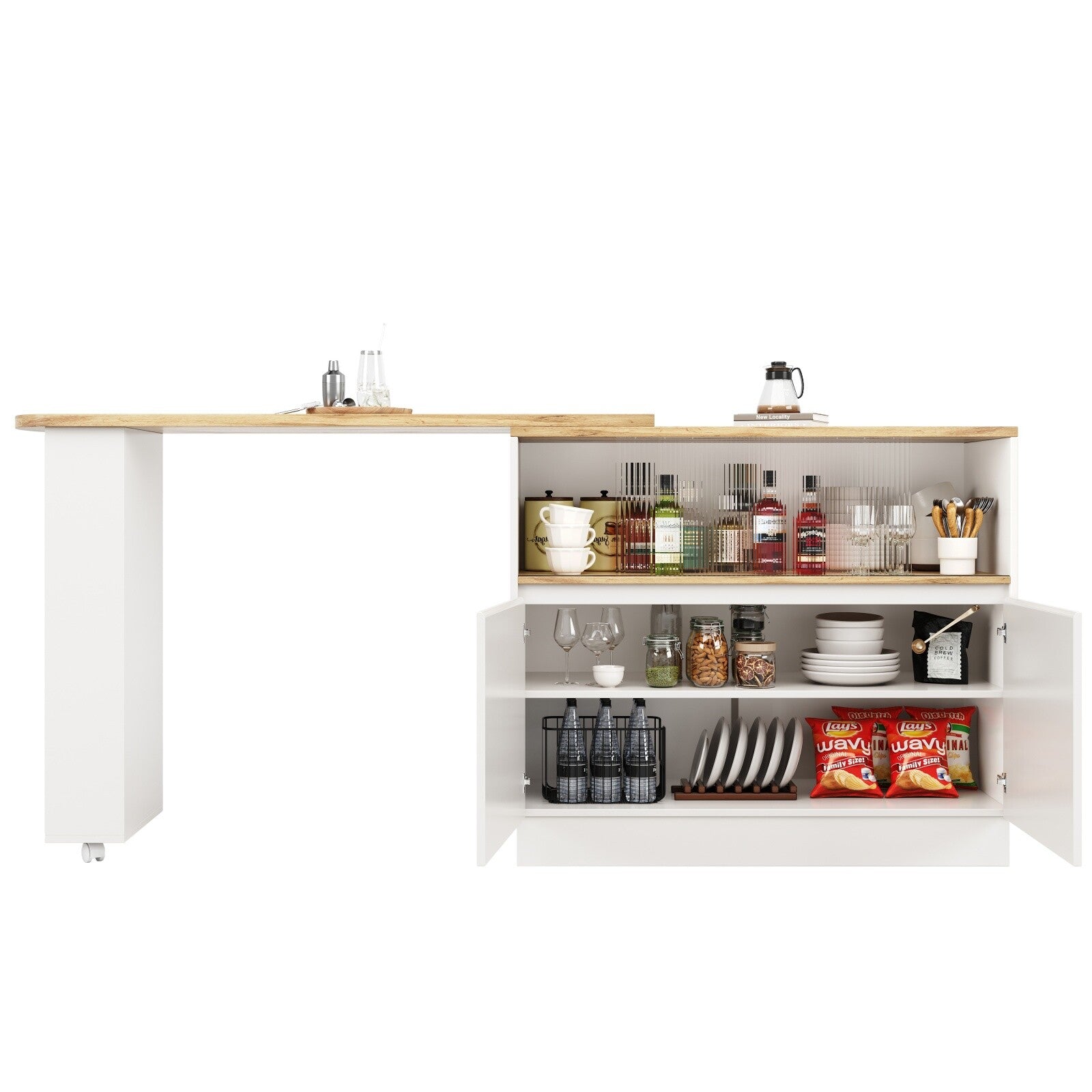 Extendable Kitchen Island Dining Bar Table with Storage Cabinet for Dining Room