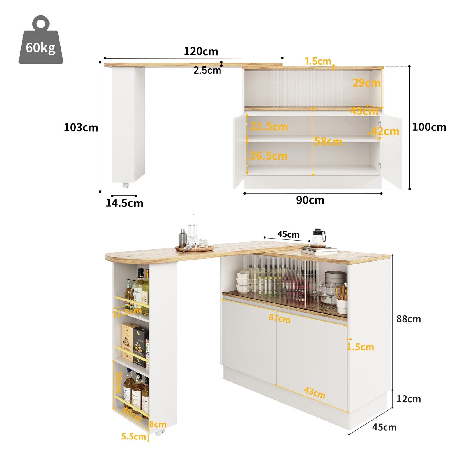 Extendable Kitchen Island Dining Bar Table with Storage Cabinet for Dining Room