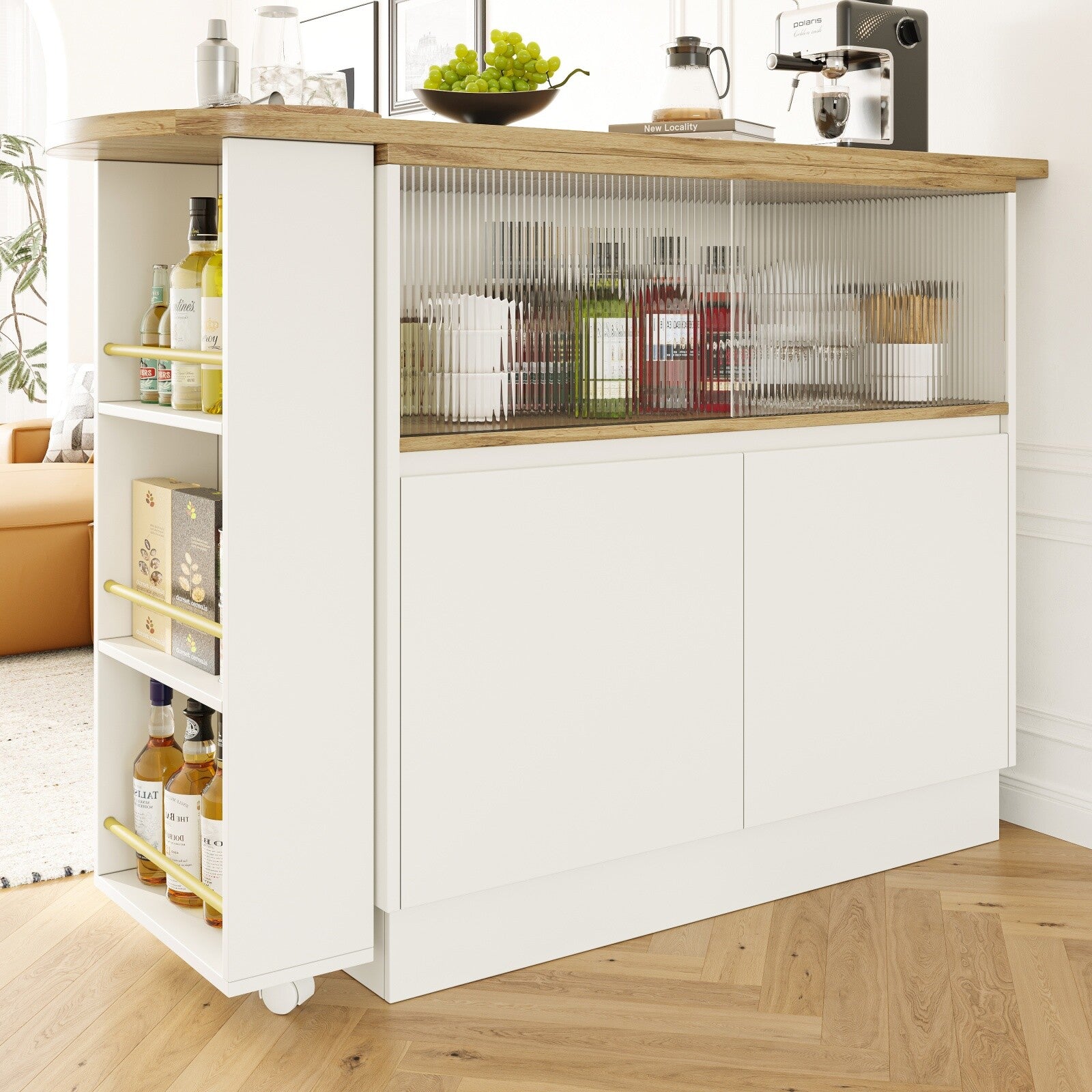 Extendable Kitchen Island Dining Bar Table with Storage Cabinet for Dining Room
