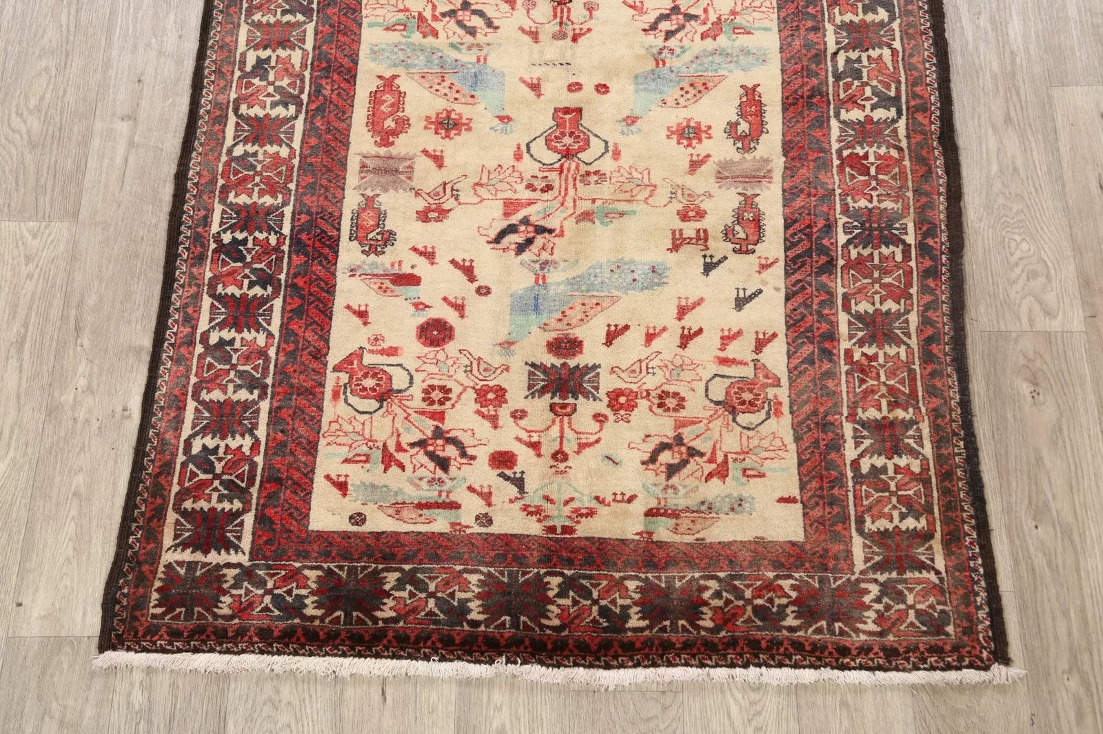 Beige Semi-Antique Geometric Traditional 4x7 Area Rug Hand-knotted Wool Carpet