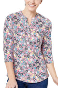 Denim & Co. Printed Texture Knit 3/4-Sleeve Henley Top Warm Coral