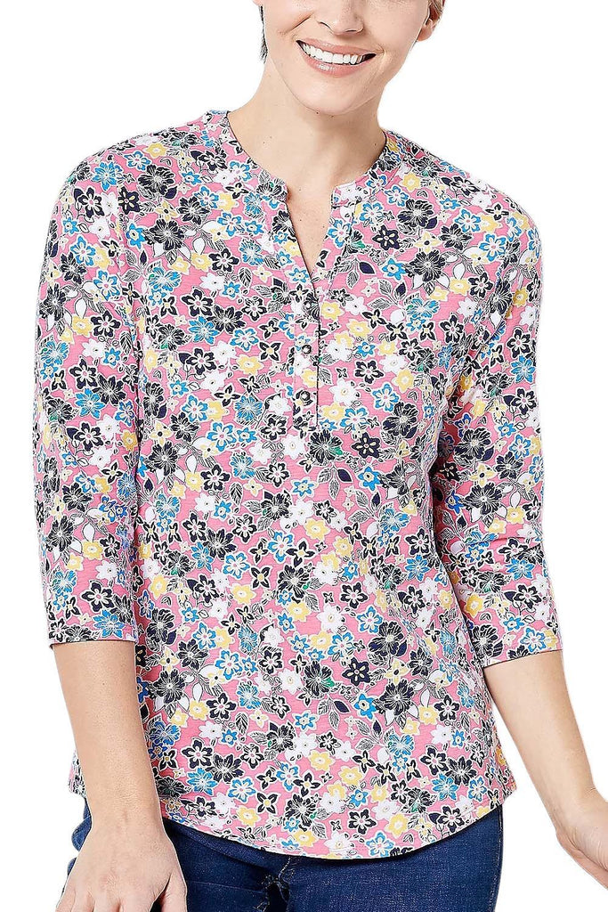 Denim & Co. Printed Texture Knit 3/4-Sleeve Henley Top Warm Coral