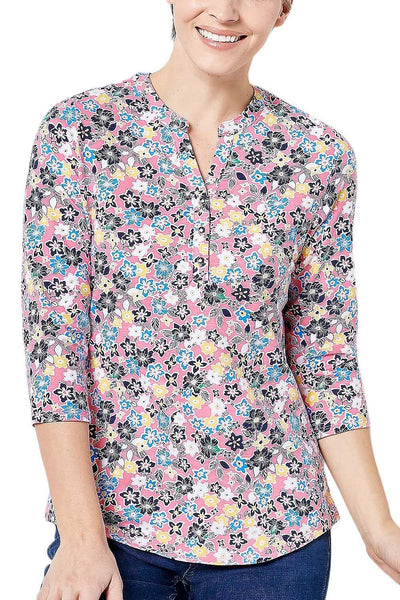 Denim & Co. Printed Texture Knit 3/4-Sleeve Henley Top Warm Coral