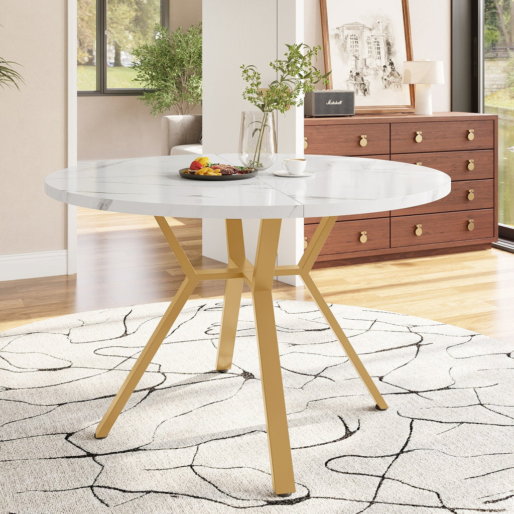 Round Dining Table Marble Effect Top Kitchen Table with X-shaped Legs White