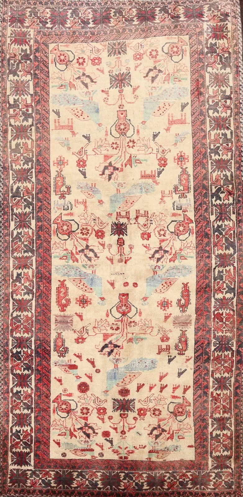 Beige Semi-Antique Geometric Traditional 4x7 Area Rug Hand-knotted Wool Carpet
