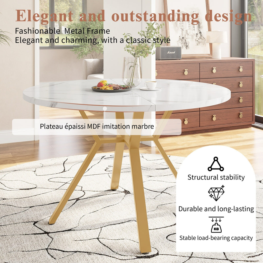 Round Dining Table Marble Effect Top Kitchen Table with X-shaped Legs White