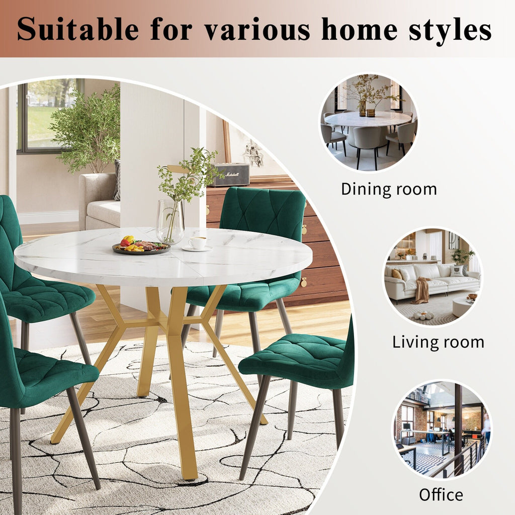 Round Dining Table Marble Effect Top Kitchen Table with X-shaped Legs White