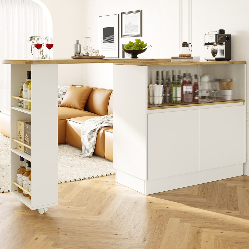 Extendable Kitchen Island Dining Bar Table with Storage Cabinet for Dining Room