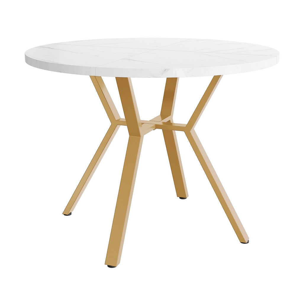 Round Dining Table Marble Effect Top Kitchen Table with X-shaped Legs White