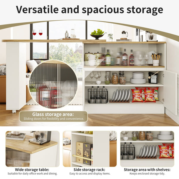 Extendable Kitchen Island Dining Bar Table with Storage Cabinet for Dining Room