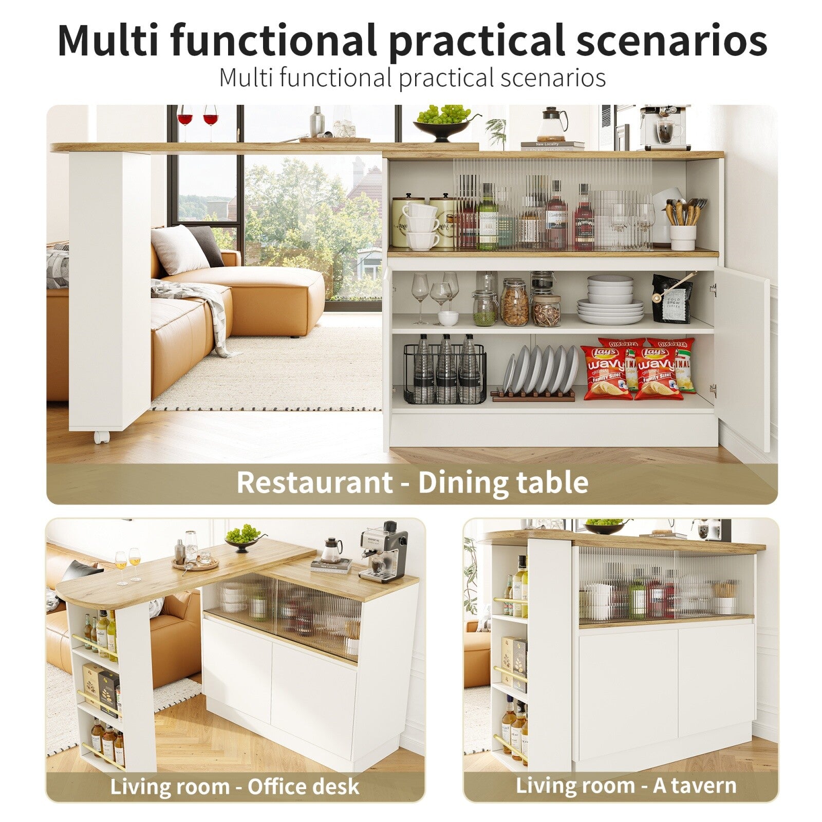 Extendable Kitchen Island Dining Bar Table with Storage Cabinet for Dining Room