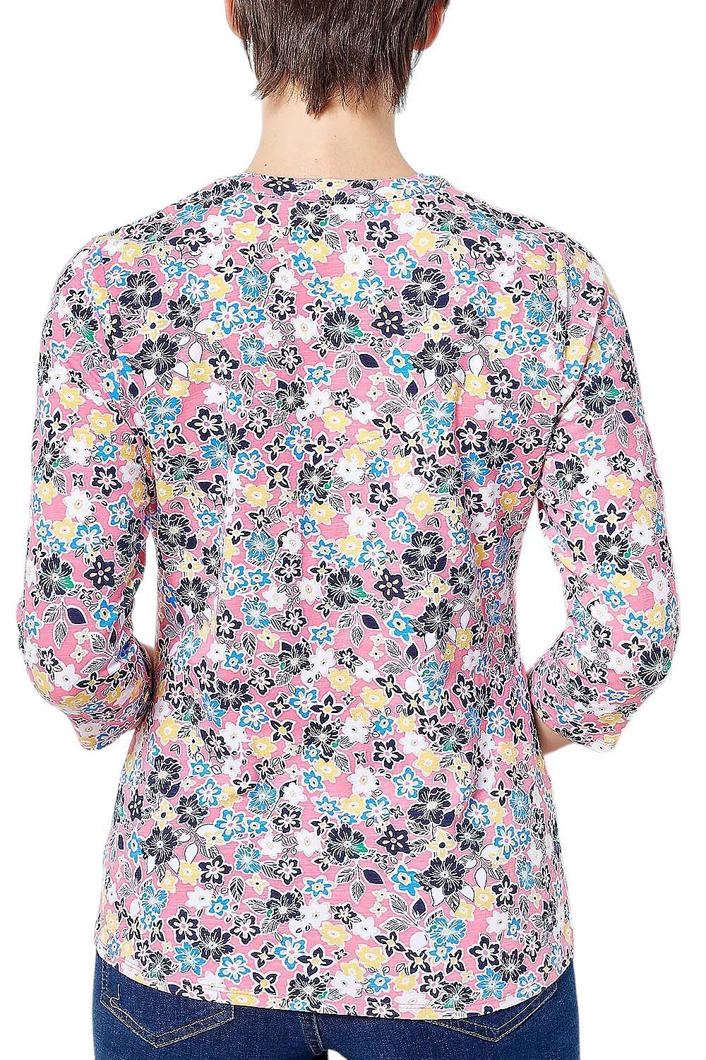 Denim & Co. Printed Texture Knit 3/4-Sleeve Henley Top Warm Coral