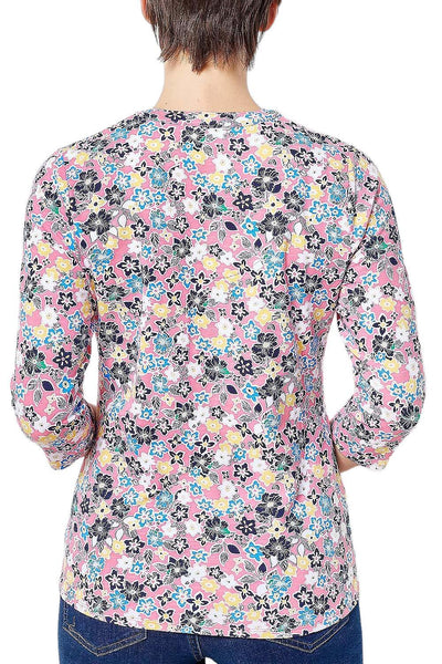 Denim & Co. Printed Texture Knit 3/4-Sleeve Henley Top Warm Coral