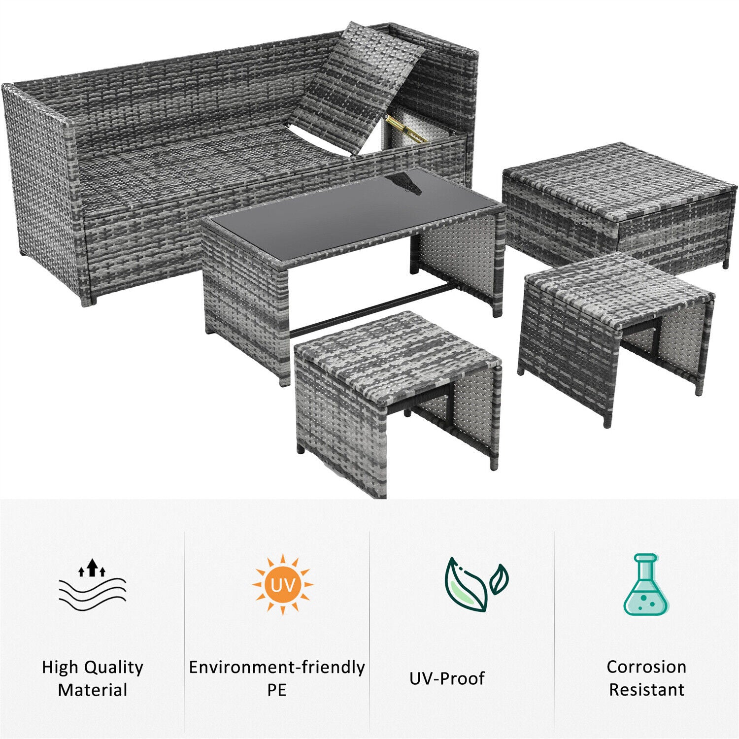 Rattan Garden Furniture Set Sofa Table Recliner Chair Set Patio Outdoor Grey