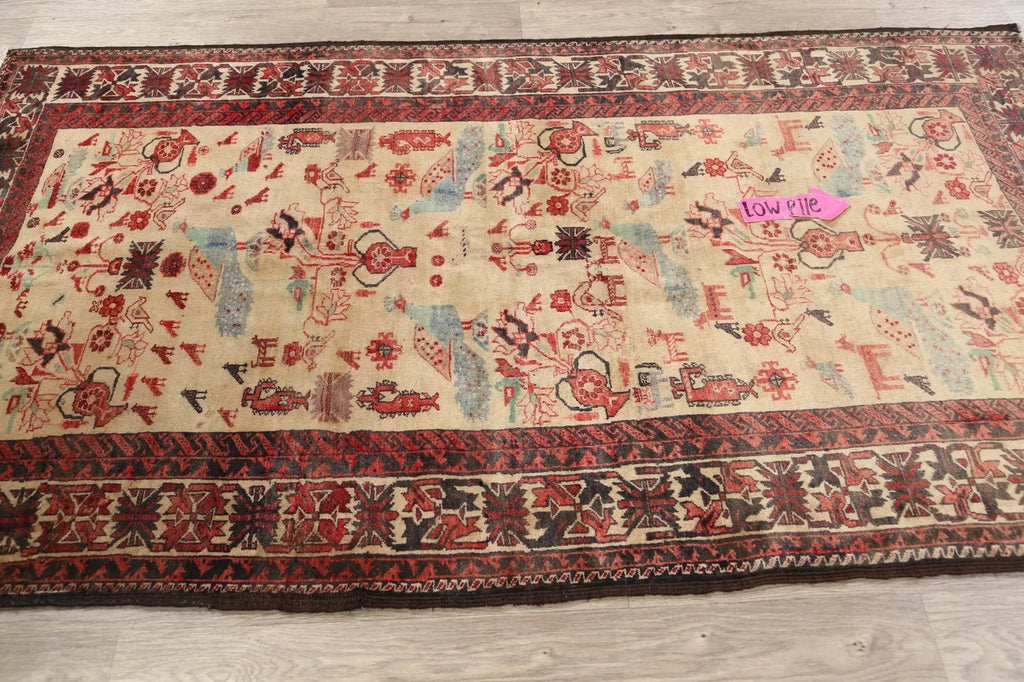 Beige Semi-Antique Geometric Traditional 4x7 Area Rug Hand-knotted Wool Carpet