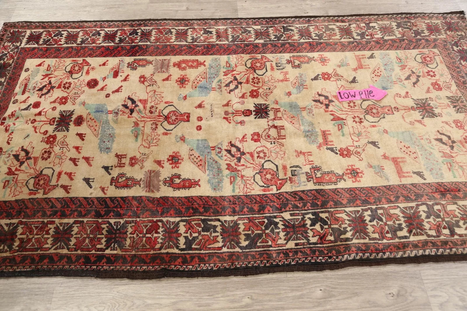 Beige Semi-Antique Geometric Traditional 4x7 Area Rug Hand-knotted Wool Carpet