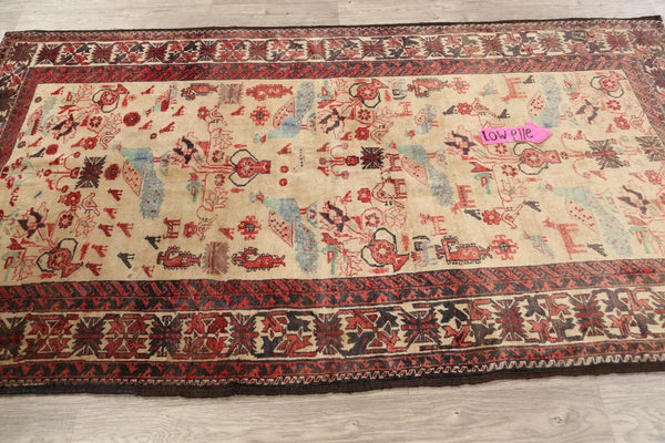 Beige Semi-Antique Geometric Traditional 4x7 Area Rug Hand-knotted Wool Carpet
