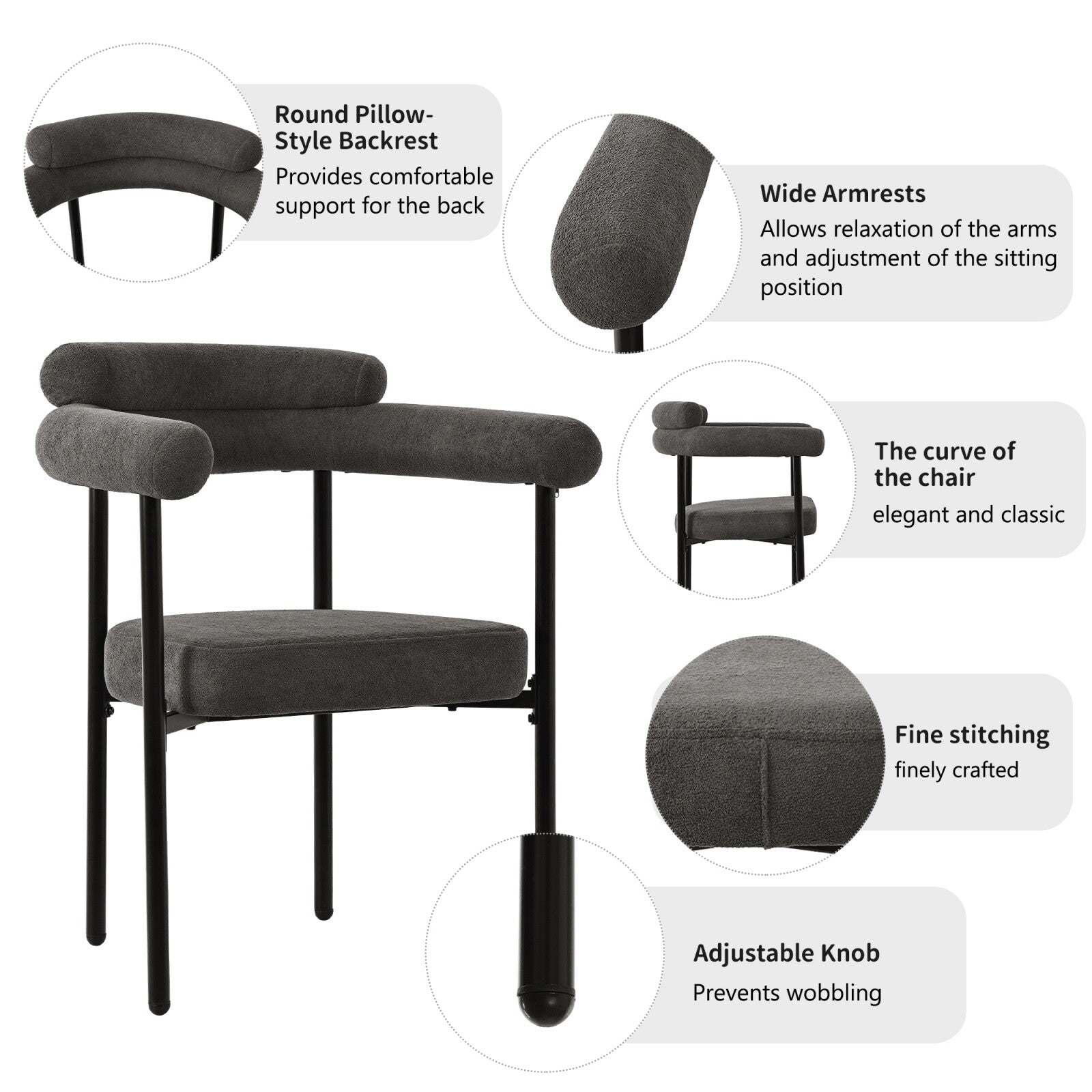 Modern Dining Chairs set of 2 Grey Faux Suede Upholstered Padded Seat Armchairs