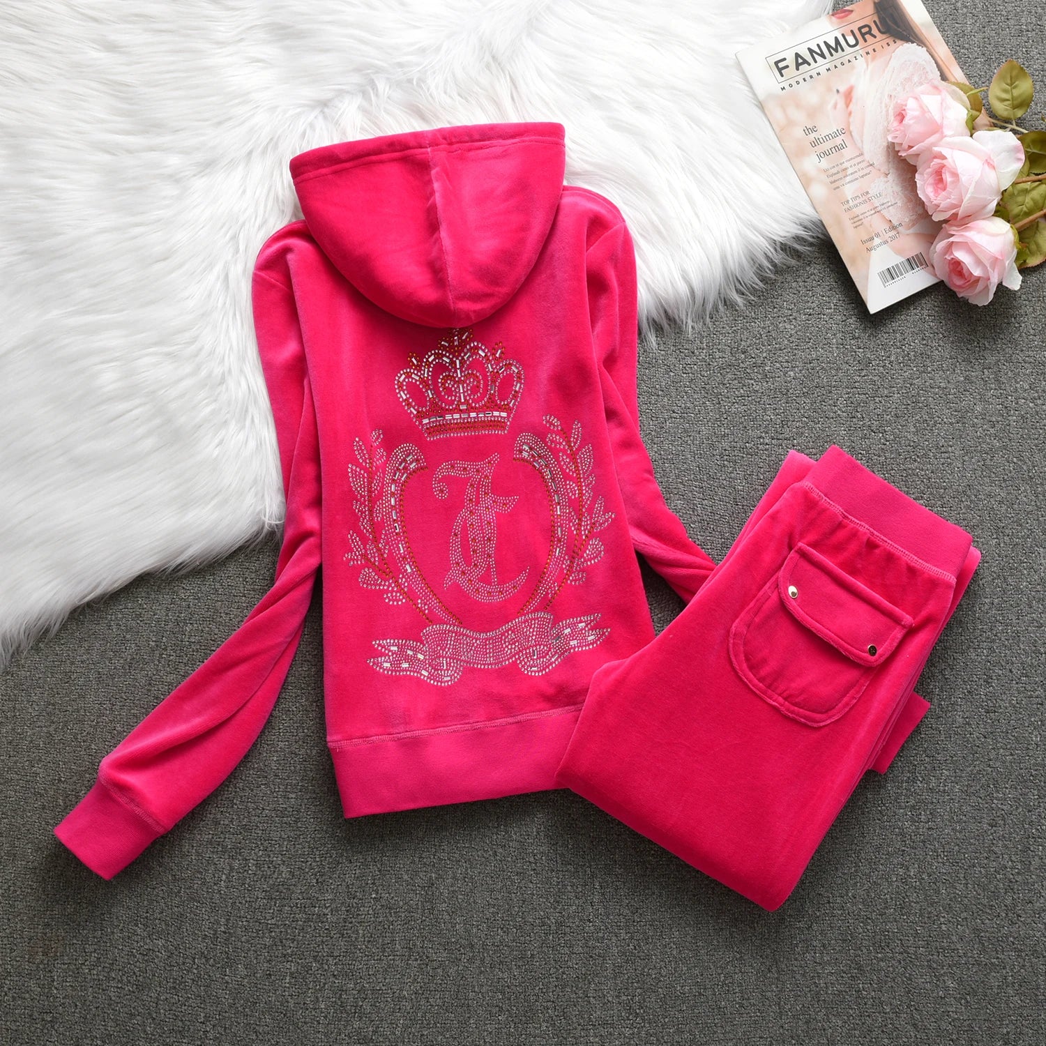 Velvet Tracksuit Women Casual Women Velvet Tracksuit Original Suit Women Outdoor sports hooded sweatshir Suit Diamond Juicy 2pc