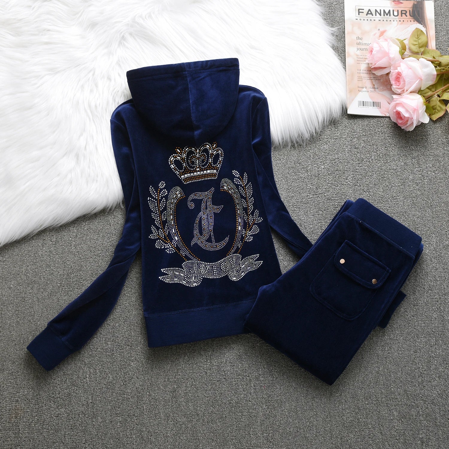 Velvet Tracksuit Women Casual Women Velvet Tracksuit Original Suit Women Outdoor sports hooded sweatshir Suit Diamond Juicy 2pc