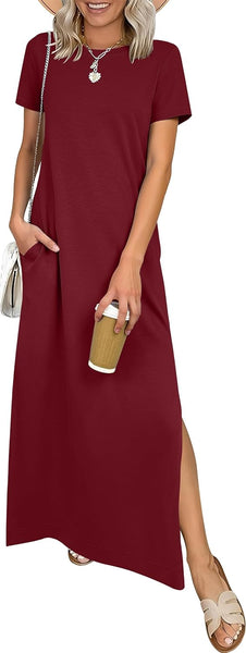 ANRABESS Womens Summer Casual Maxi Dress Short Sleeve Crewneck Split Wrinkle-Free Travel Long Sundress Beach Vacation Clothes