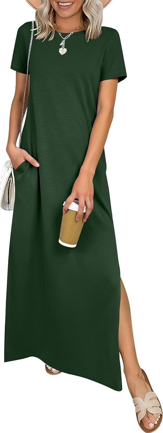ANRABESS Womens Summer Casual Maxi Dress Short Sleeve Crewneck Split Wrinkle-Free Travel Long Sundress Beach Vacation Clothes