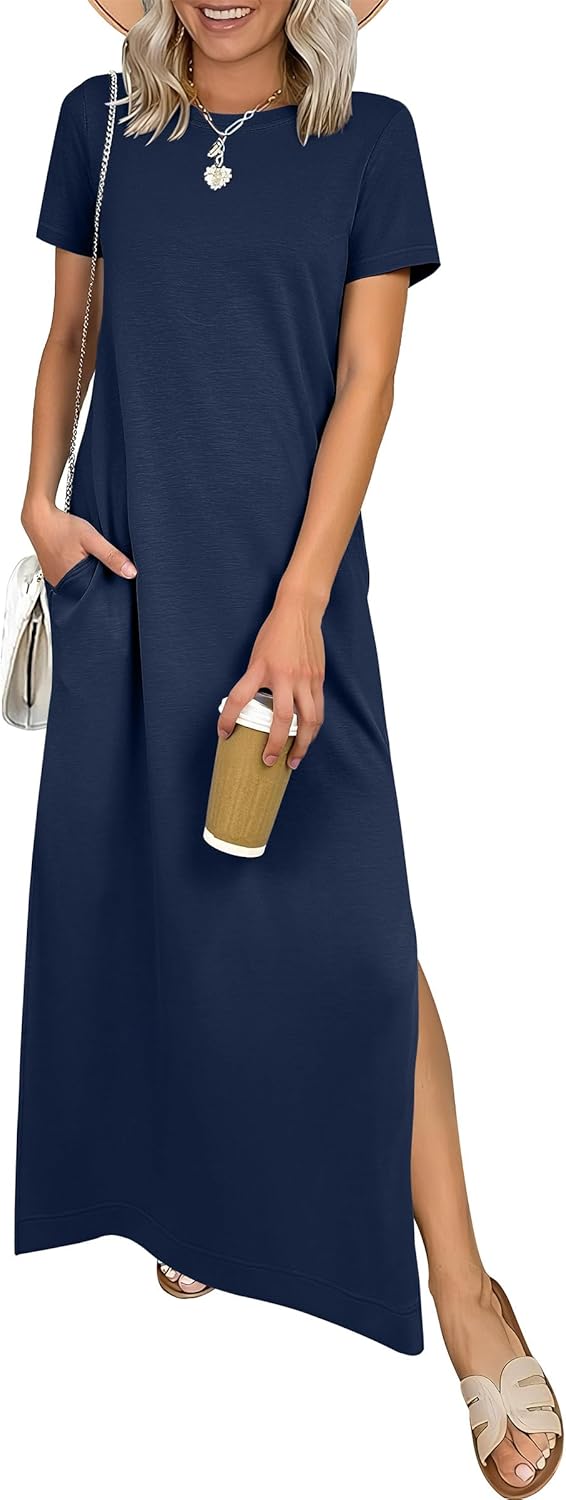 ANRABESS Womens Summer Casual Maxi Dress Short Sleeve Crewneck Split Wrinkle-Free Travel Long Sundress Beach Vacation Clothes