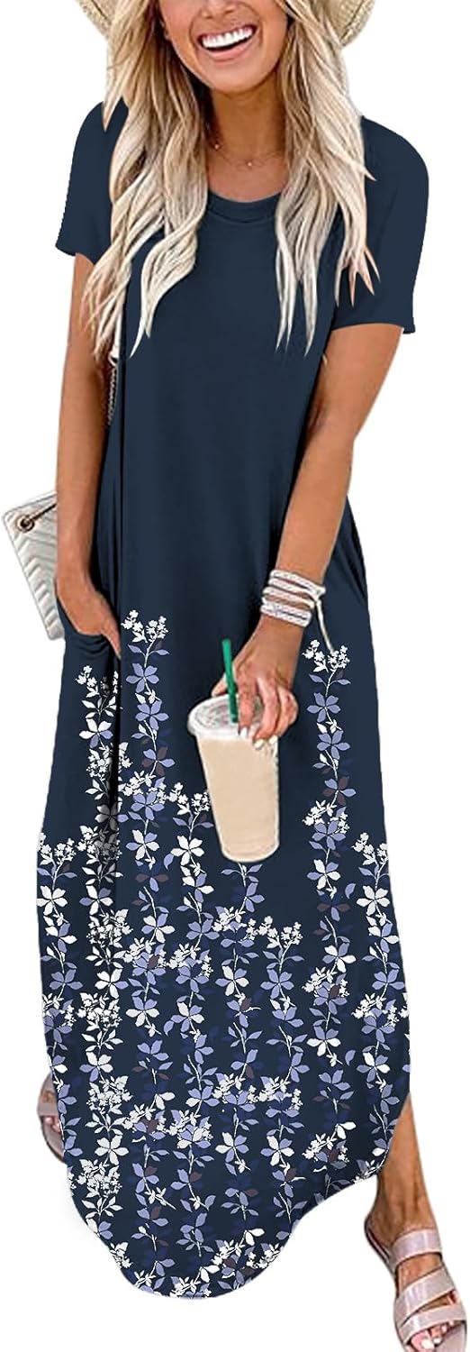 ANRABESS Womens Summer Maxi Dress Short Sleeve Casual Loose Long T Shirt Dresses Split Vacation Beach Sundress Travel Outfits