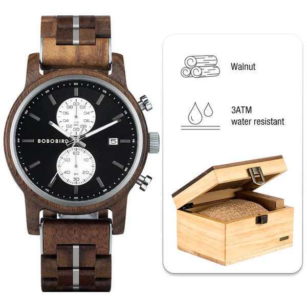 BOBO BIRD New Wooden Men Watch 44mm Luxury Business Quartz Chronograph Watches with Date Display Custom Man Gift montre homme