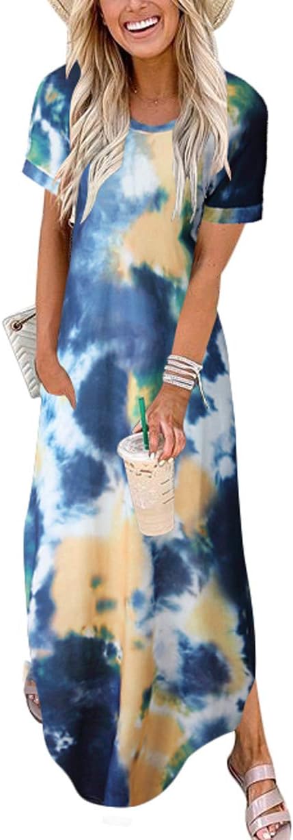 ANRABESS Womens Summer Maxi Dress Short Sleeve Casual Loose Long T Shirt Dresses Split Vacation Beach Sundress Travel Outfits