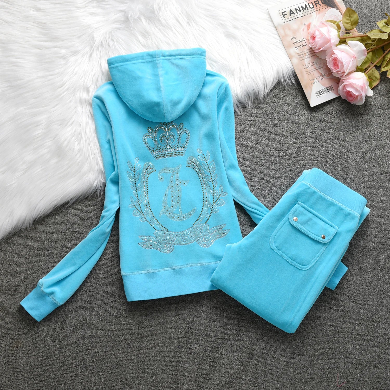 Velvet Tracksuit Women Casual Women Velvet Tracksuit Original Suit Women Outdoor sports hooded sweatshir Suit Diamond Juicy 2pc