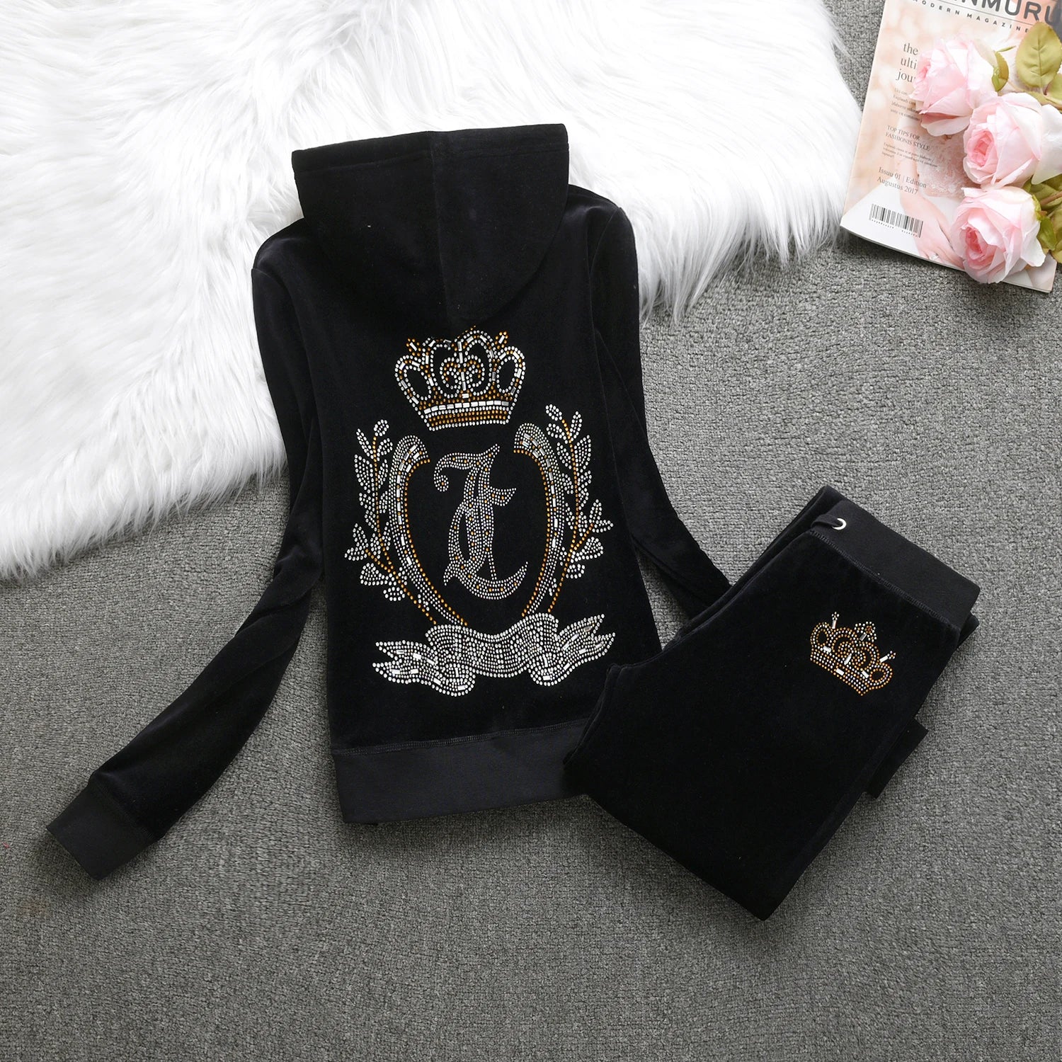 Velvet Tracksuit Women Casual Women Velvet Tracksuit Original Suit Women Outdoor sports hooded sweatshir Suit Diamond Juicy 2pc