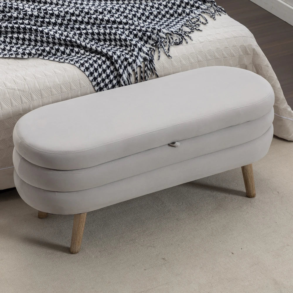 036-Velvet Fabric Storage Bench Bedroom Bench With Wood Legs for Living Room Bedroom Indoor,Light Gray