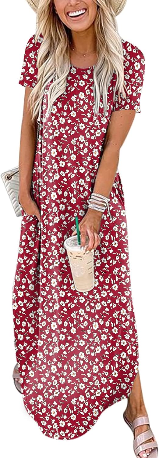 ANRABESS Womens Summer Maxi Dress Short Sleeve Casual Loose Long T Shirt Dresses Split Vacation Beach Sundress Travel Outfits