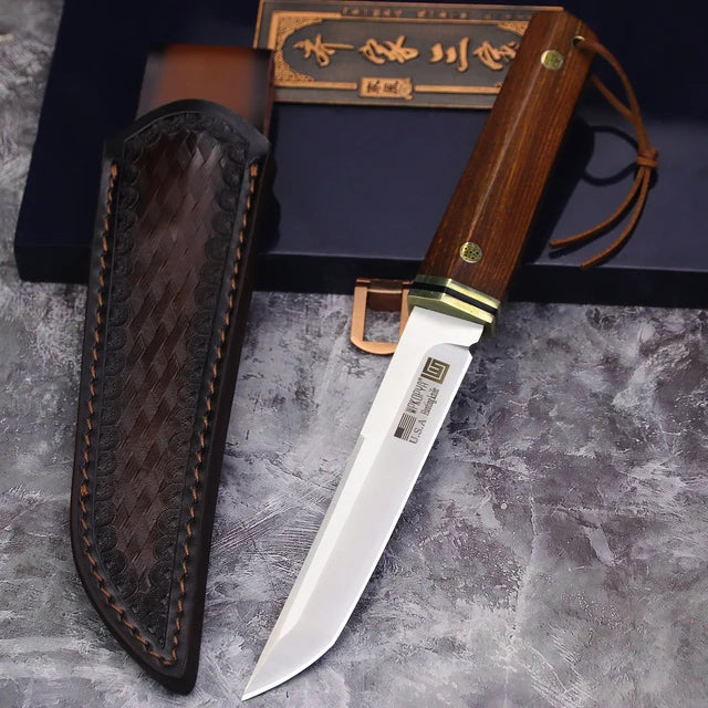 WPKOPYA cuchillo de caza con mango de madera de rama de ácido de acero D2, cuchillo de supervivencia para acampar, manga de cuchillo, cuchillo EDC multiusos, EE. UU., Japón