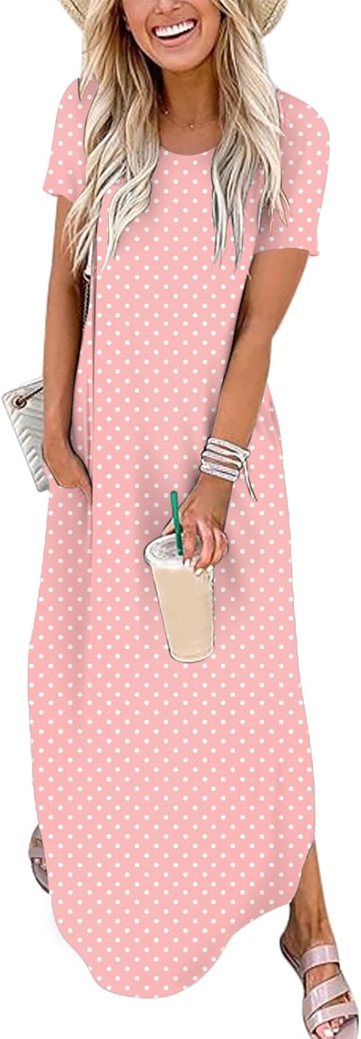 ANRABESS Womens Summer Maxi Dress Short Sleeve Casual Loose Long T Shirt Dresses Split Vacation Beach Sundress Travel Outfits