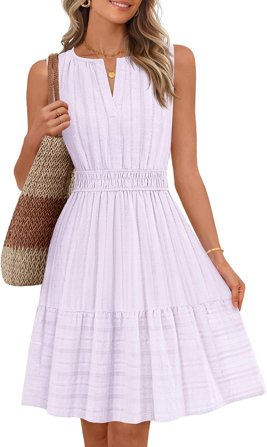 MEROKEETY Women's 2026 Summer Casual Mini Sundress Beach Vacation Sleeveless V Neck Flowy A Line Dress with Pockets