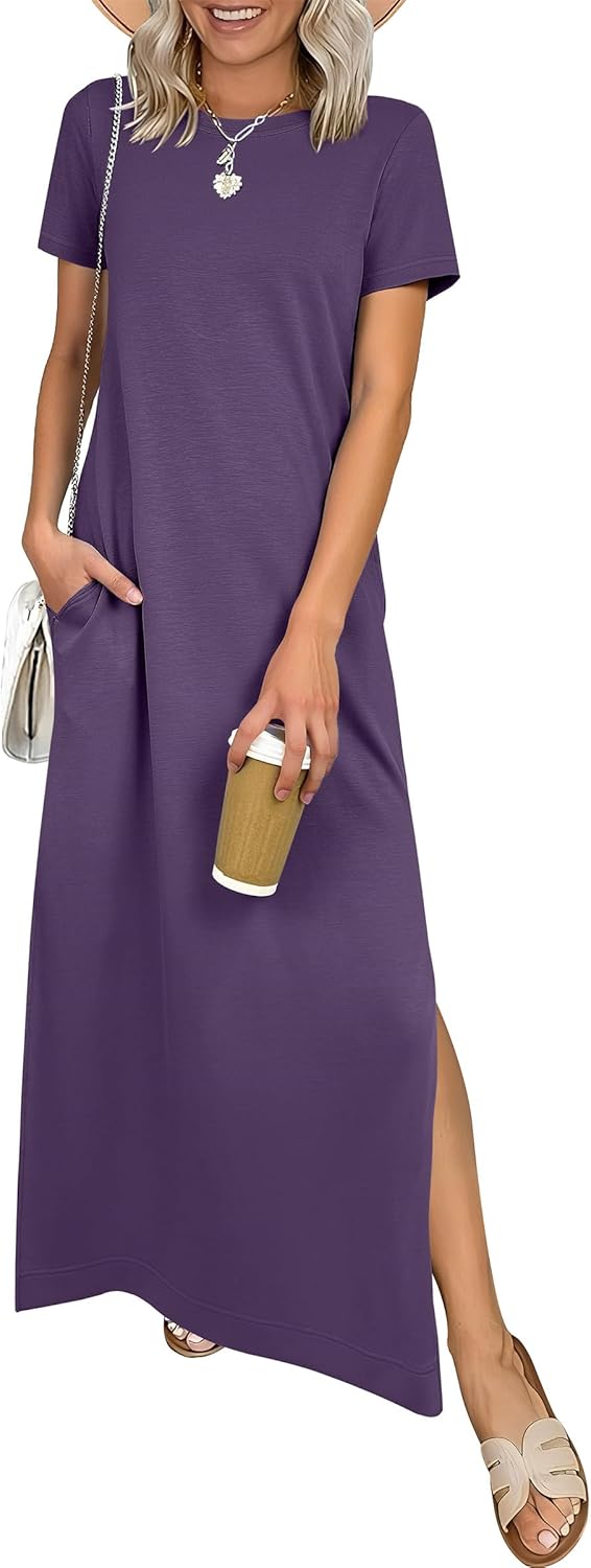 ANRABESS Womens Summer Casual Maxi Dress Short Sleeve Crewneck Split Wrinkle-Free Travel Long Sundress Beach Vacation Clothes