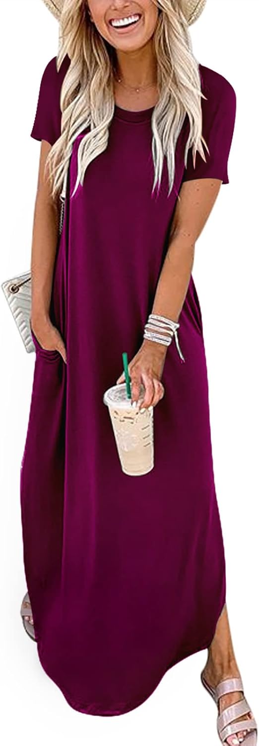 ANRABESS Womens Summer Maxi Dress Short Sleeve Casual Loose Long T Shirt Dresses Split Vacation Beach Sundress Travel Outfits