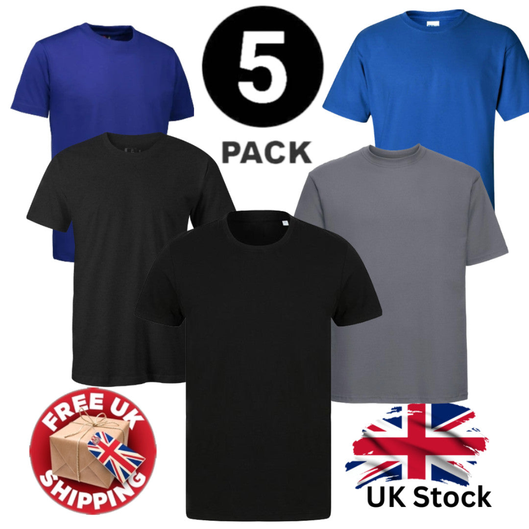 5 PACK Men's T-Shirt Heavy Cotton Plain Short Sleeve Tees 100% Cotton Blank Tees