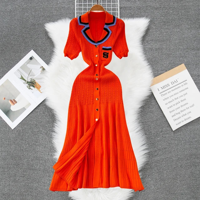 YuooMuoo 2024 New Arrival Women Knitted Maxi Dress Elegant Notched Single-breasted A-line Sweater Dress Female Long Vestidos