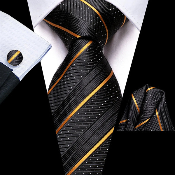 Hi-Tie Striped Black Red Gold Green Silk Wedding Tie For Men Handky Cufflink Gift Men Necktie Fashion Designer Business Party