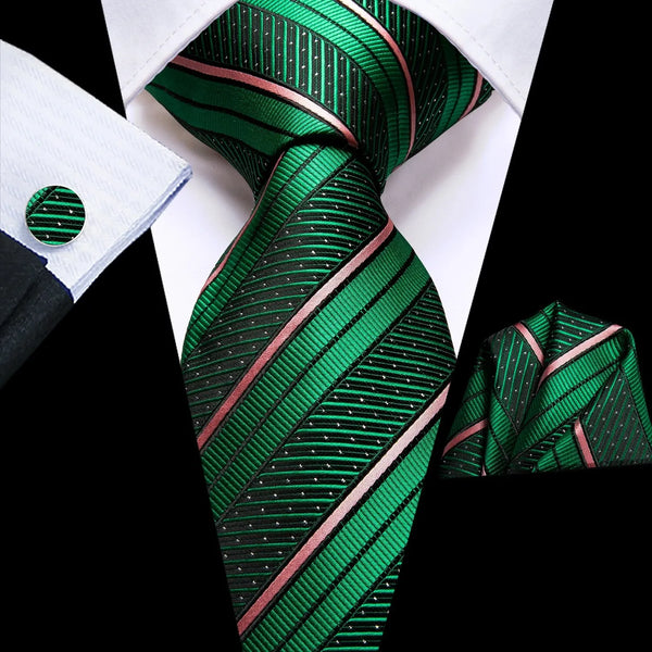 Hi-Tie Striped Black Red Gold Green Silk Wedding Tie For Men Handky Cufflink Gift Men Necktie Fashion Designer Business Party